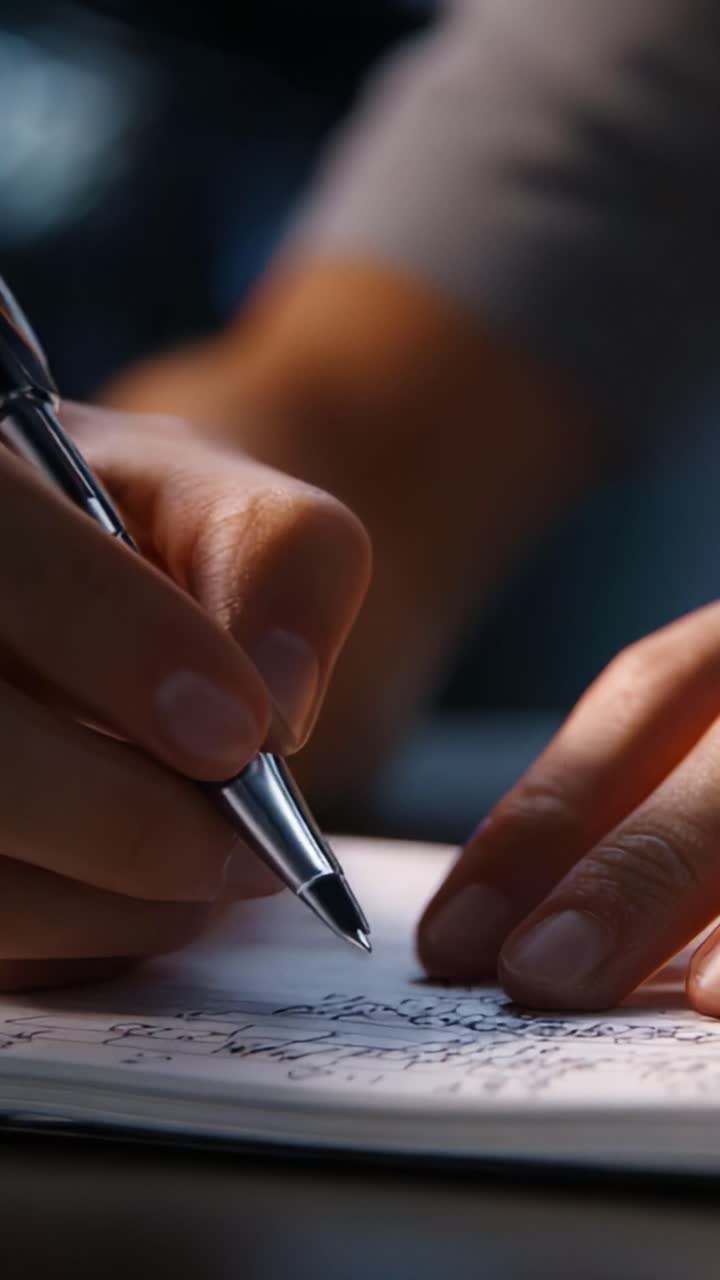 A Close-Up of a Hand Holding a Pen, Skillfully Writing in a Notebook, Capturing the Art of Handwriting in a Softly Lit Environment, Showcasing Attention to Detail and Personal Expression