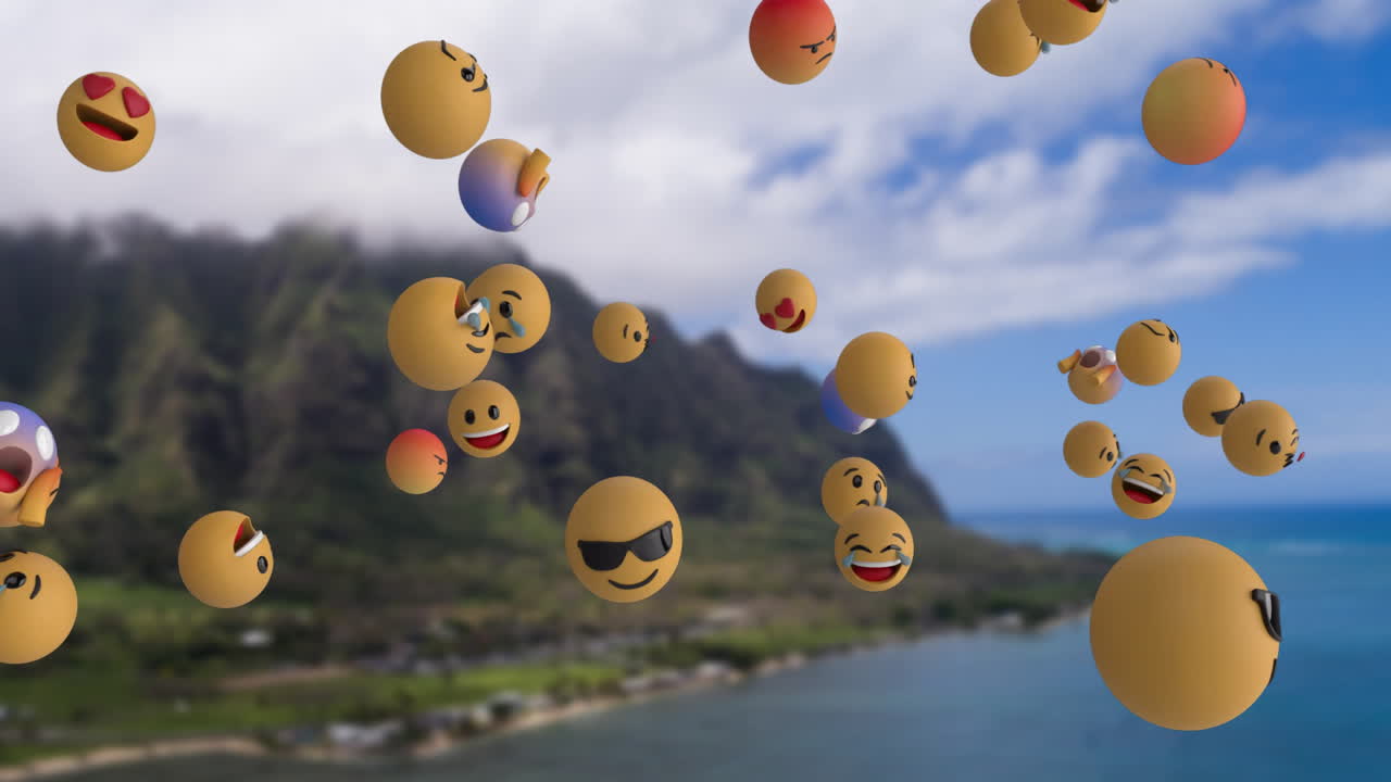 3D emoji spheres floating above hills and ocean, with headphones displaying varied expressions