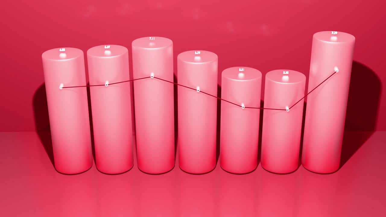 추상적인 인포그래픽, 통계 데이터, 바, 카운터 및 그래프가있는 분석 프로그램에 대한 아름다운 빨간색 배경 3d 열은 순환적으로 올라와 내려갑니다.