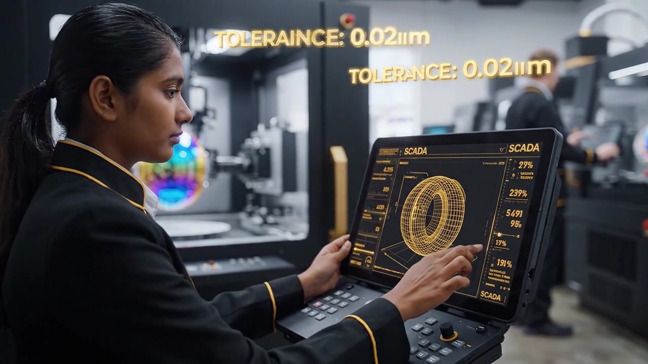 Woman Engineer Monitoring Industrial Machinery with SCADA System