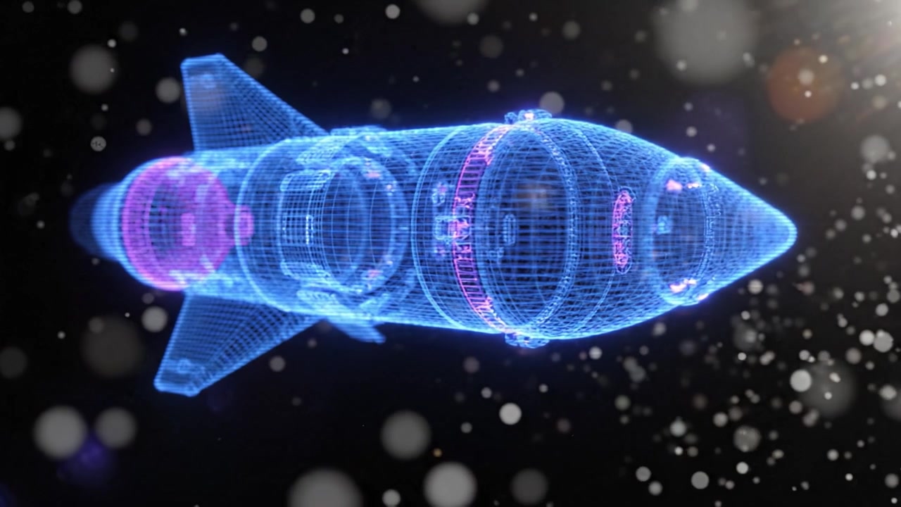 Futuristic Digital Rocket Model with 3D Wireframe Design Flying Through a Particle-Laden Space Environment Showcasing Advanced Technology and Innovation