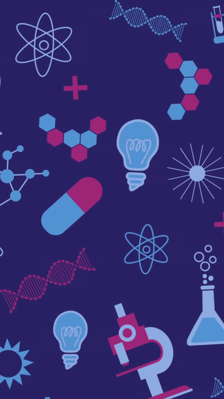 Multiple science concept icons moving against blue background