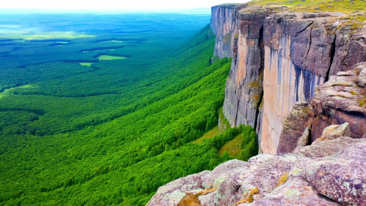 Vallée verte panoramique au bord d'une falaise, vue aérienne époustouflante par drone montrant une falaise de grès abrupte, vaste forêt émeraude