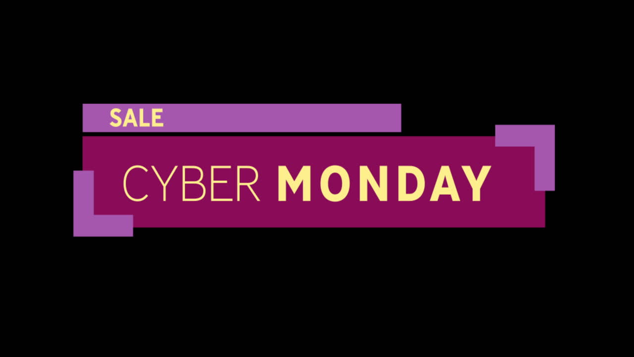texto de venta de cyber monday amarillo y púrpura que aparece contra una pantalla negra