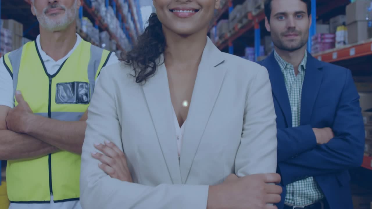 Warehouse team standing in aisle viewing circle appearing links expanding visualizing supply chain