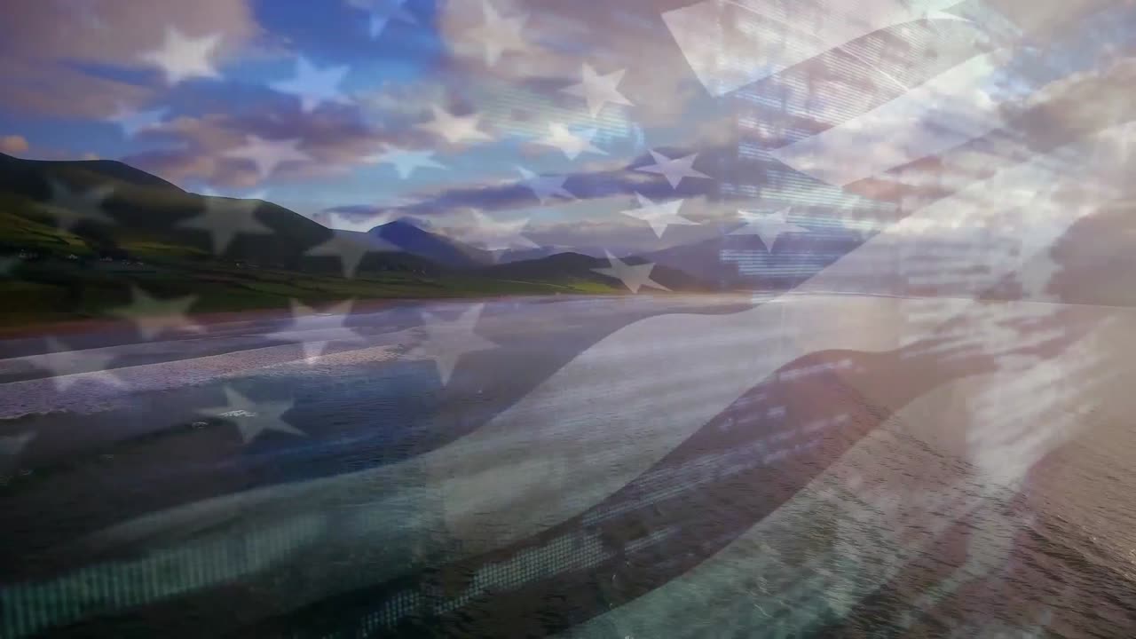 animación de la bandera de los estados unidos ondeando sobre el procesamiento de datos y el paisaje