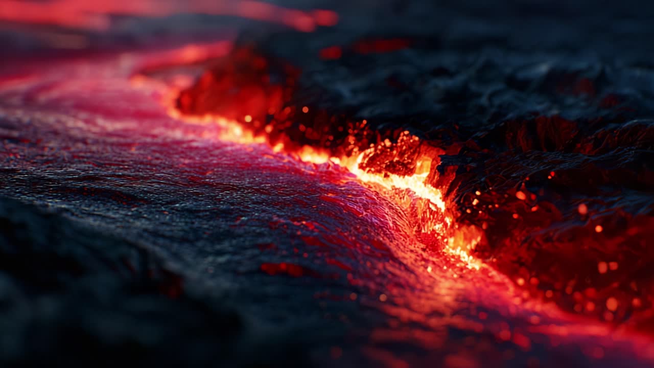 Una straordinaria rappresentazione visiva di lava fusa che scorre attraverso un paesaggio vulcanico nero, che mostra l'intenso calore e le braci incandescenti che creano un fenomeno naturale affascinante