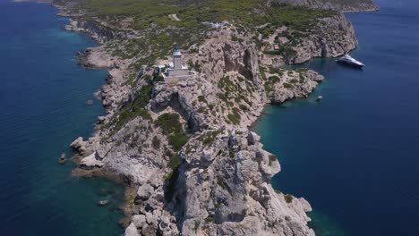 drone aerial view of melagavi lighthouse in greece