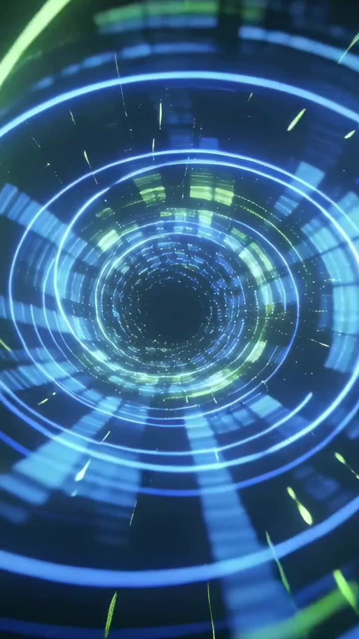 Video verticale: Tunnel a spirale che attira la telecamera verso l'interno, verso un vuoto centrale dopo l'ingresso, con anelli