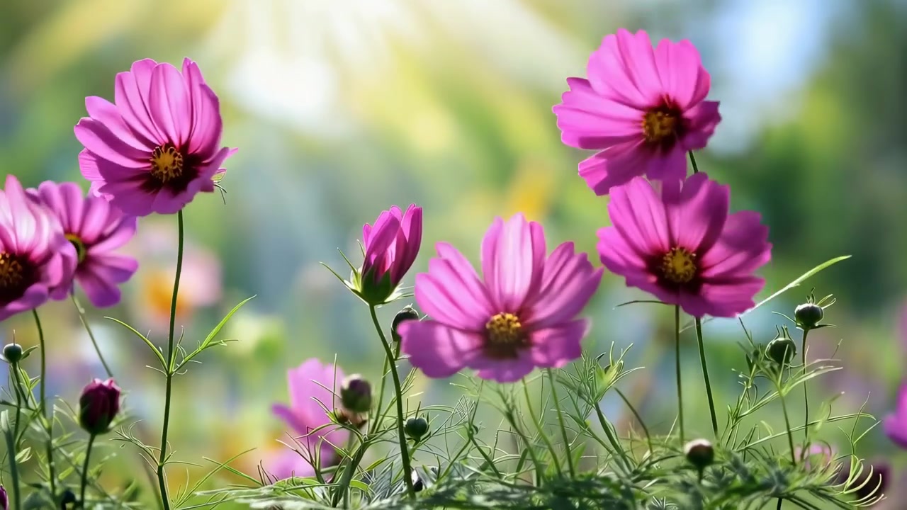 Flores Cosmos Rosas Balançando Suavemente em um Jardim Ensolarado