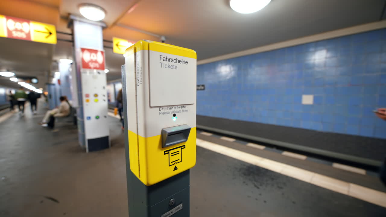 ドイツ、ベルリンの地下鉄で、男性が券売機にチケットを入れています。駅を歩く人々。