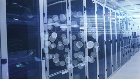 animation of spinning globe of digital icons, data processing and light spot against server room