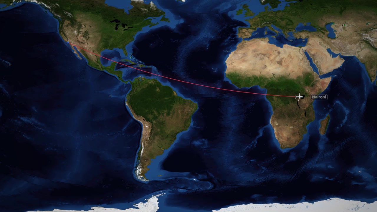 Airplane icon travels from Los Angeles to Nairobi on a satellite world map background