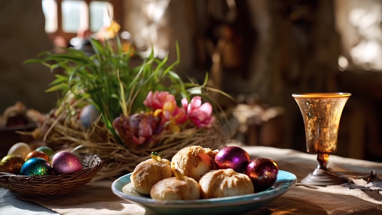 Traditional Easter Table Setting with Colorful Eggs and Festive Decorations