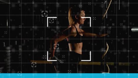 scope over grid lines against woman performing stretching exercise