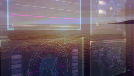 Ocean surface reflecting sunset hues, translucent overlays floating above water, graphs moving