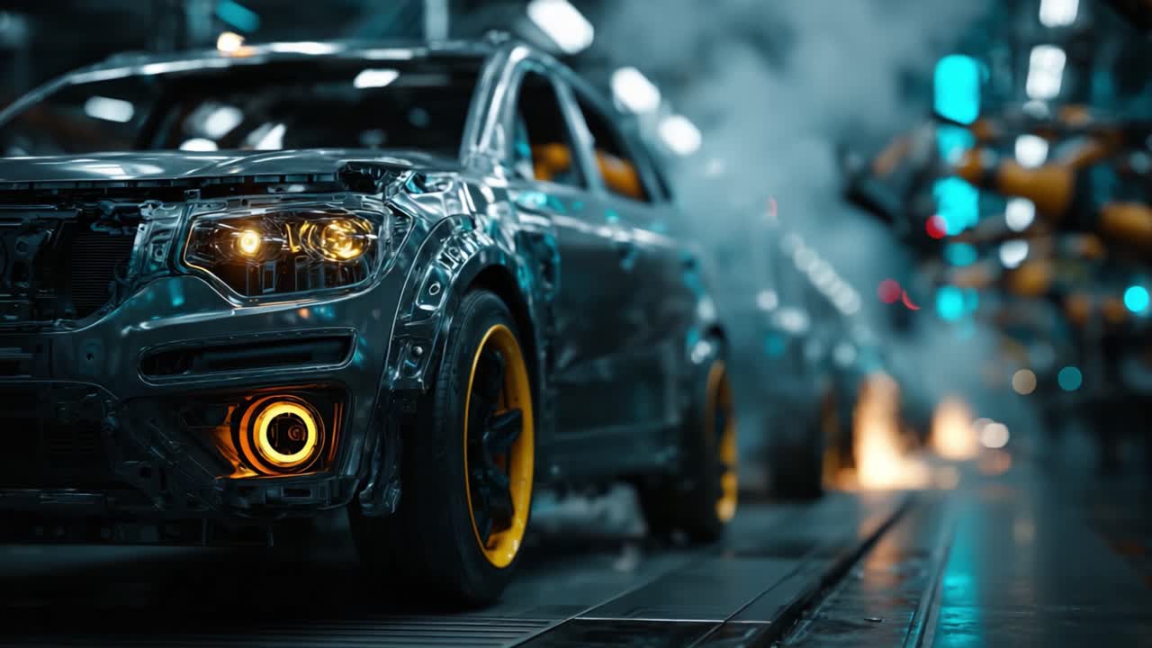 Una dimostrazione impressionante della moderna produzione automobilistica: un primo piano di un veicolo su una linea di assemblaggio che evidenzia l'ingegno e l'ingegneria di precisione in una struttura all'avanguardia.