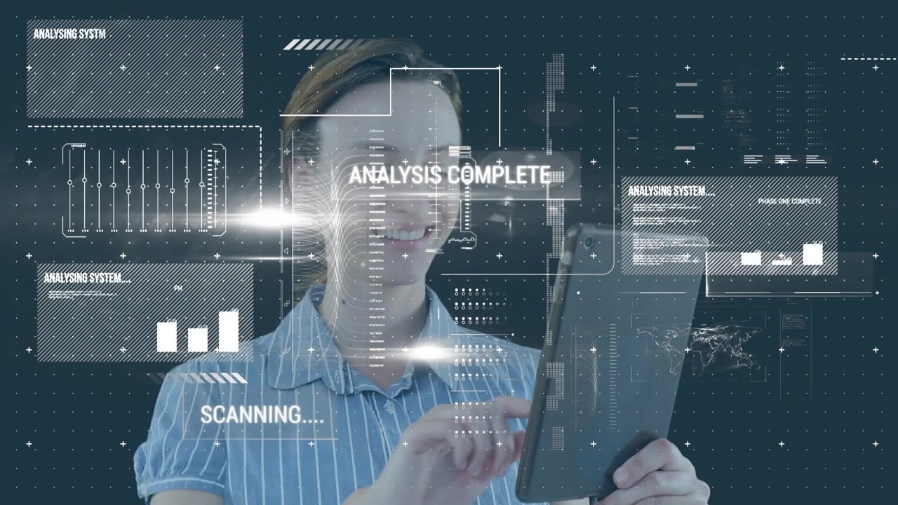 Animation of financial data processing over caucasian businesswoman using tablet on black background