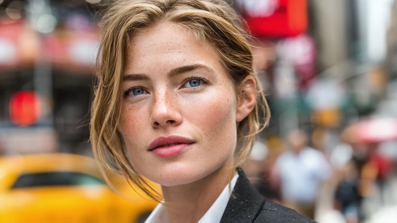 Giovane donna sicura di sé in ambiente urbano: un momento catturato di compostezza e bellezza nella frenetica vita cittadina mentre guarda pensierosa in lontananza.
