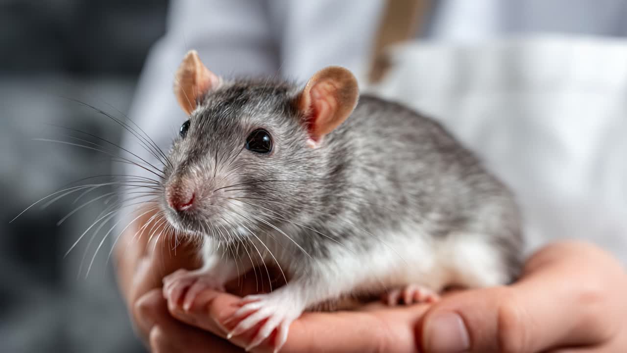 A Close-Up Look at an Adorable Pet Rat Being Held Gently, Showcasing Its Soft Fur and Curious Expression in a Comfortable Setting
