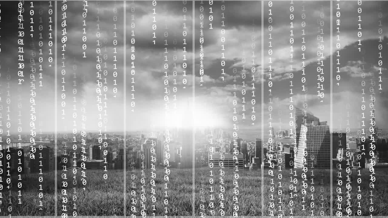 animación de codificación binaria y procesamiento de datos sobre el paisaje urbano