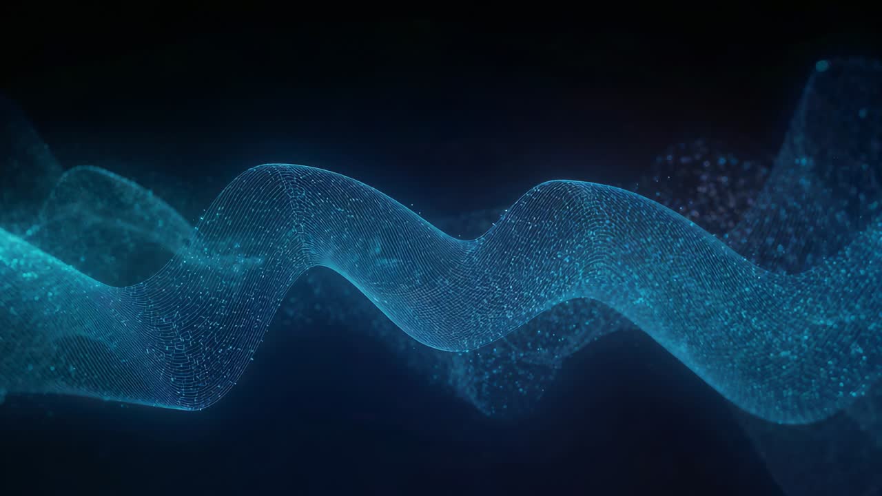 Starting animation revealing glowing blue mesh ribbon undulating over dark CGI, with particle trail