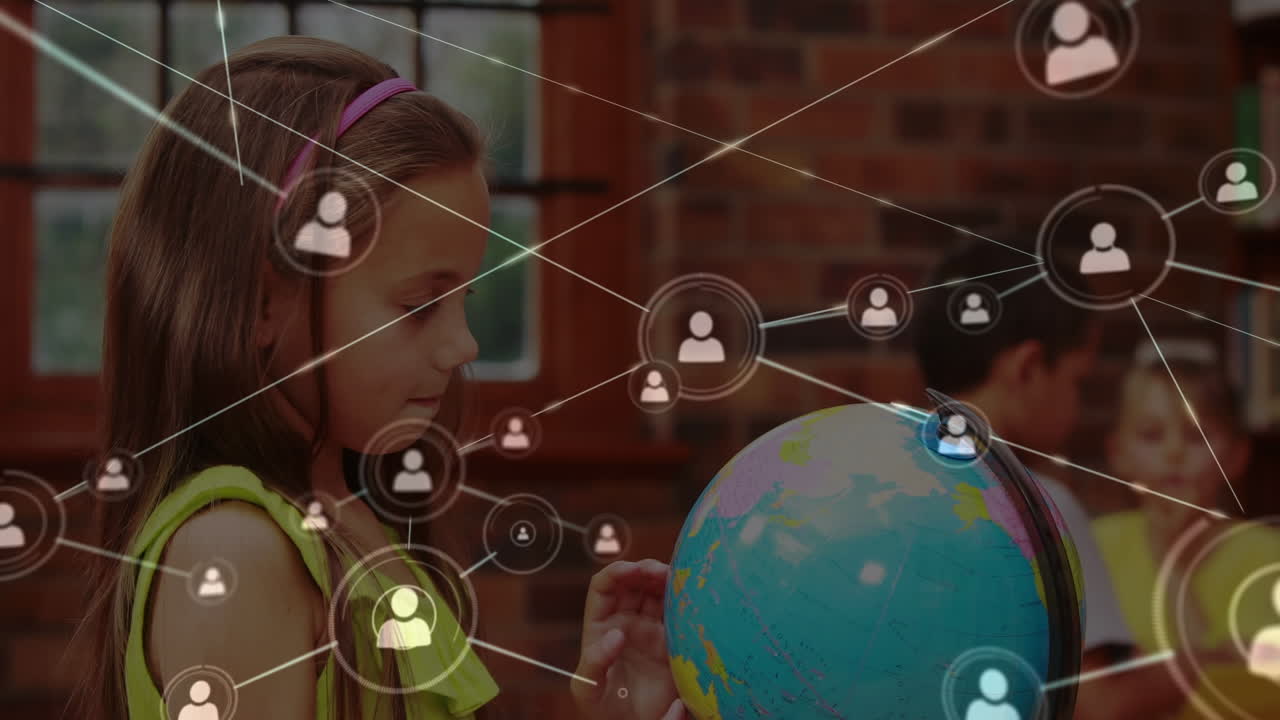 animación de conexiones sobre chica caucásica con globo en la escuela