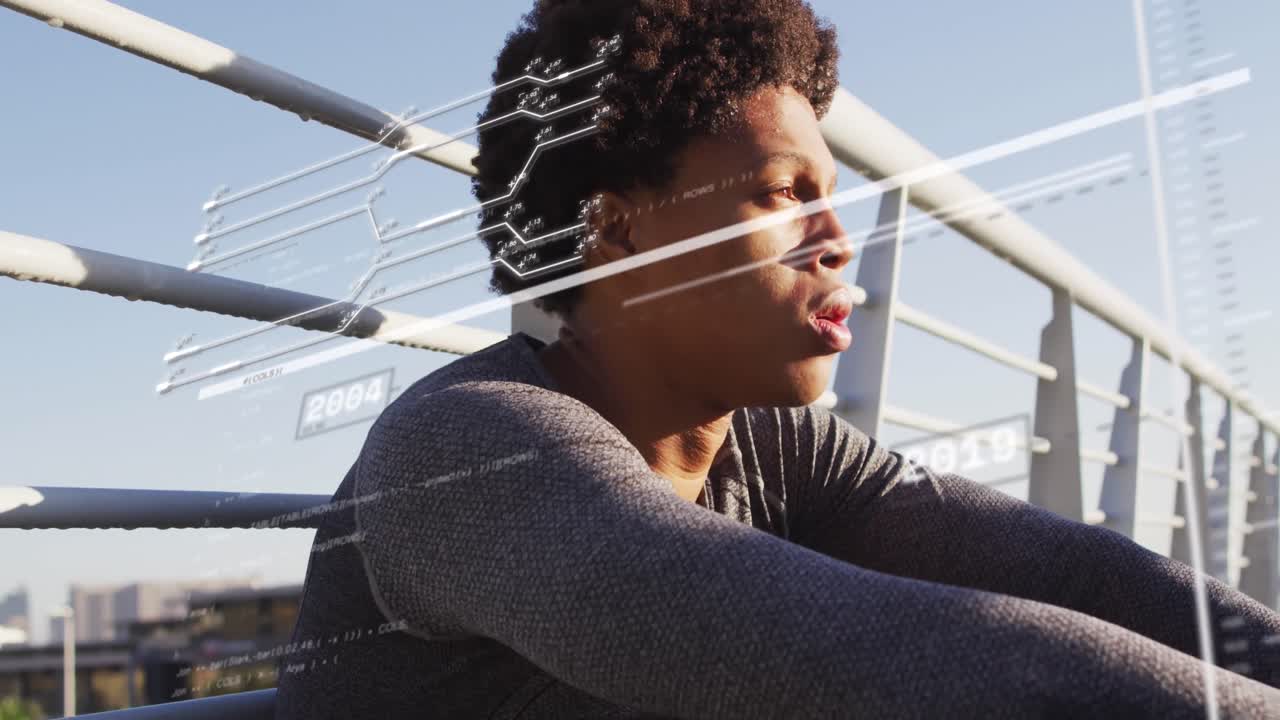 animação de processamento de dados sobre homem afro-americano sentado