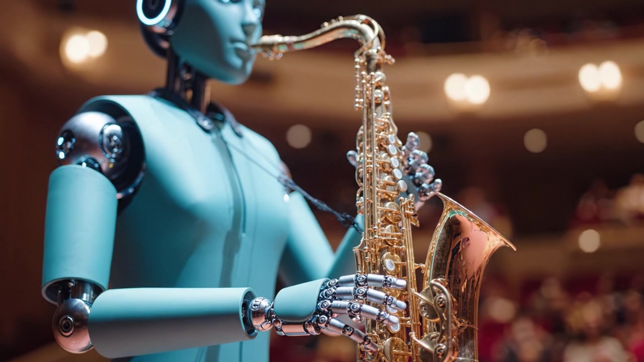 Un musicista robotico si esibisce con passione sul palco, suonando un sassofono a un concerto, affascinando il pubblico con il suo notevole talento musicale e la sua presenza