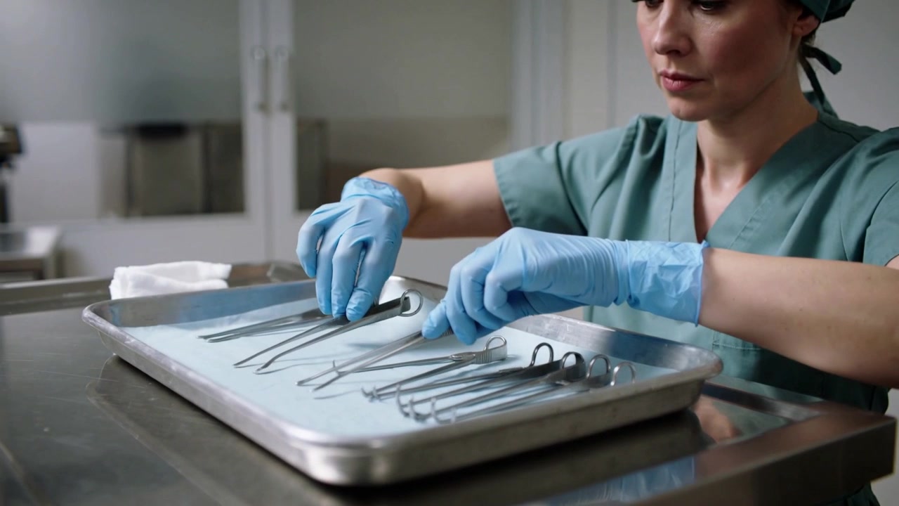 Técnico de centro cirúrgico organizando instrumentos em bandeja após alerta de cirurgia, vestindo uniforme verde, espaço para texto