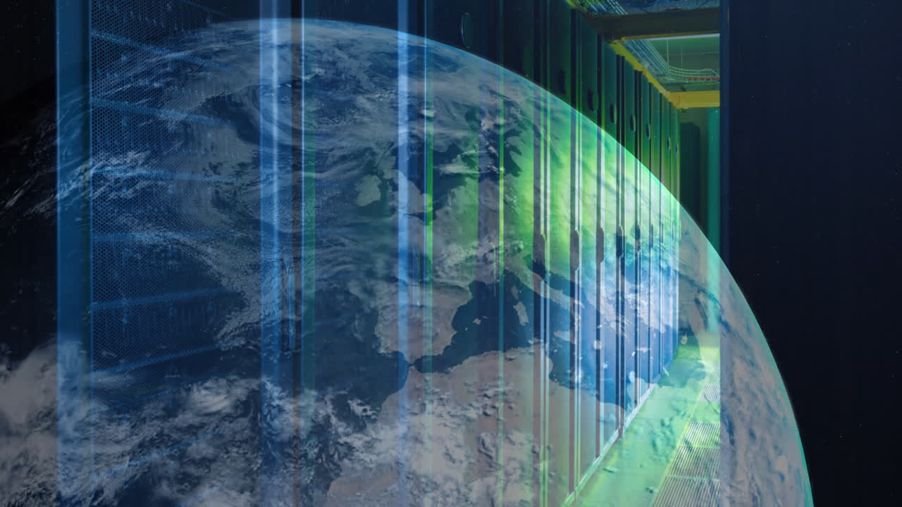 animación de un globo giratorio contra la sala del servidor en el fondo