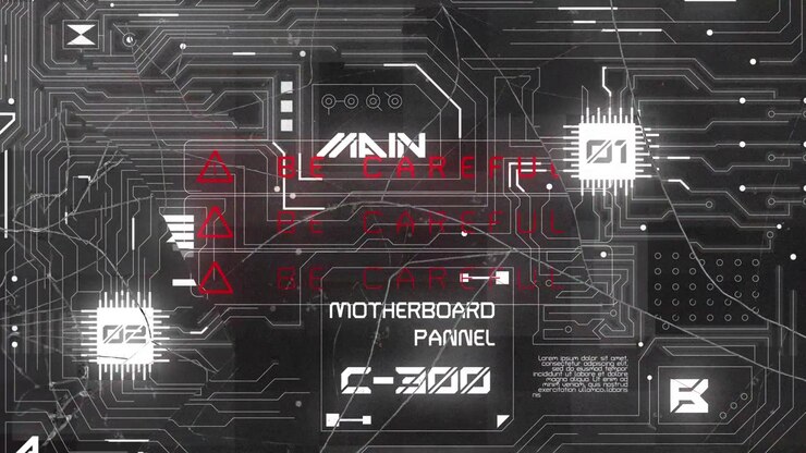 Futuristic Digital Interface with Circuit Board and Glitch Effects