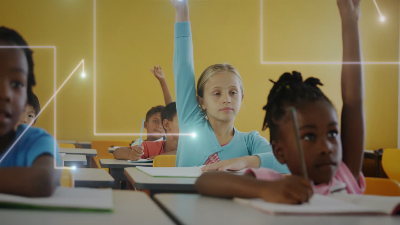 In school, children raising hands, engaging in educational animation activity