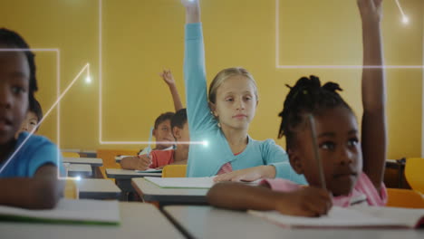 in school, children raising hands, engaging in educational animation activity