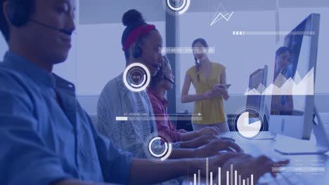 animation of financial data processing over diverse group of business people