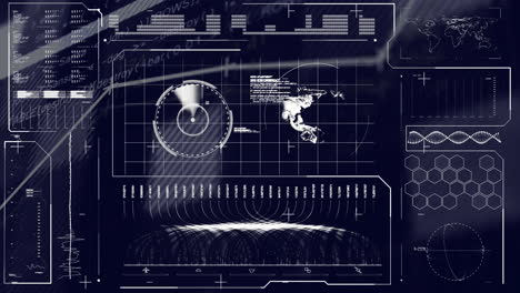 interfaz digital con mapa del mundo y animación de radar sobre datos técnicos