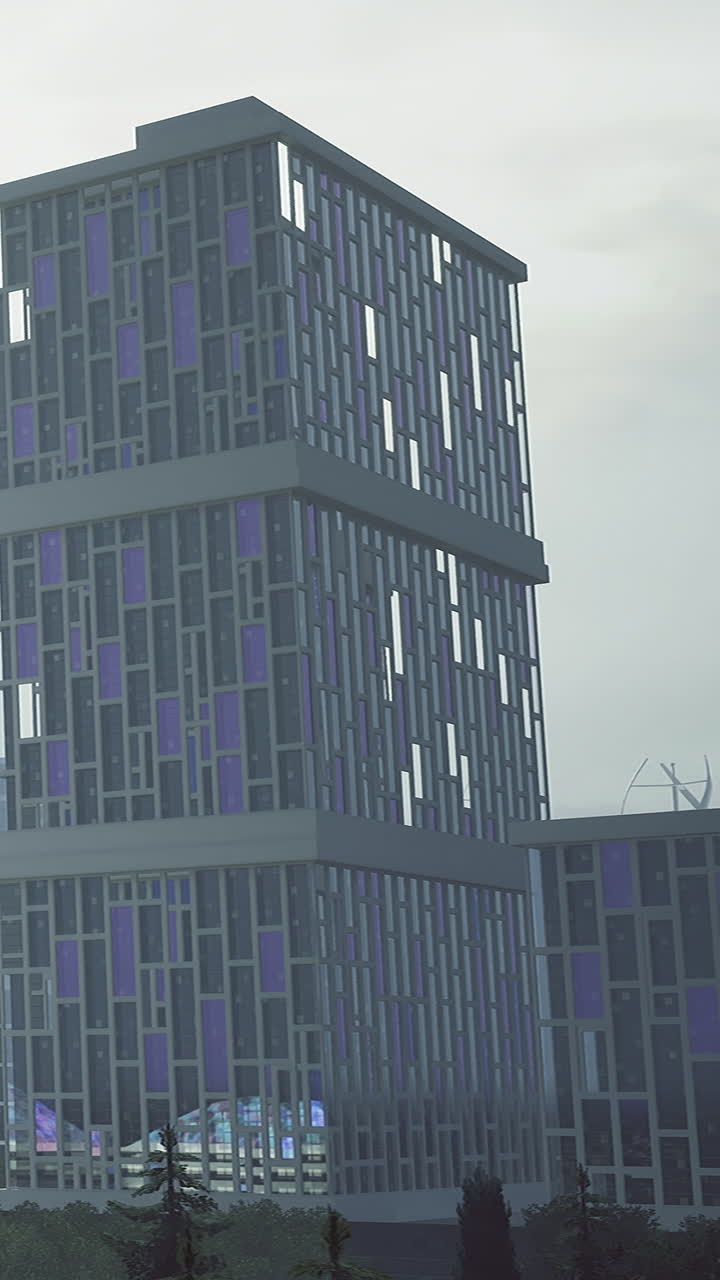 Edifici moderni si ergono imponenti in uno scenario cittadino sotto un cielo nuvoloso.