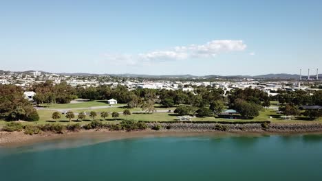 drone aerial over gladstone, queensland beach park on a sunny day