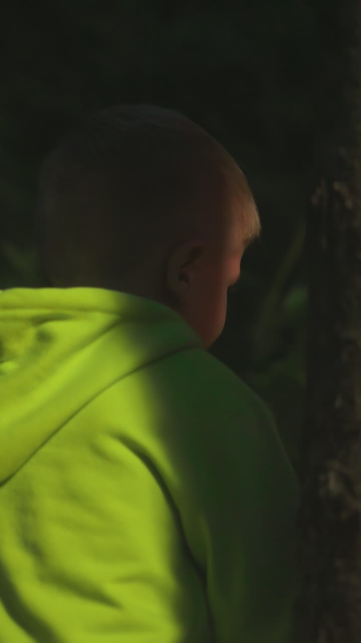 Child walks across dark forest alone. Little boy plays in night nature park on vacation. Healthy kid explores wild wood walking in evening time
