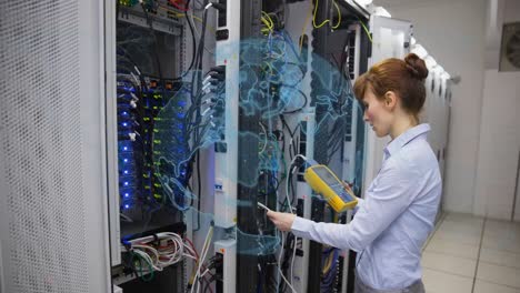 Animation-of-globe-over-caucasian-female-worker-inspecting-server-room