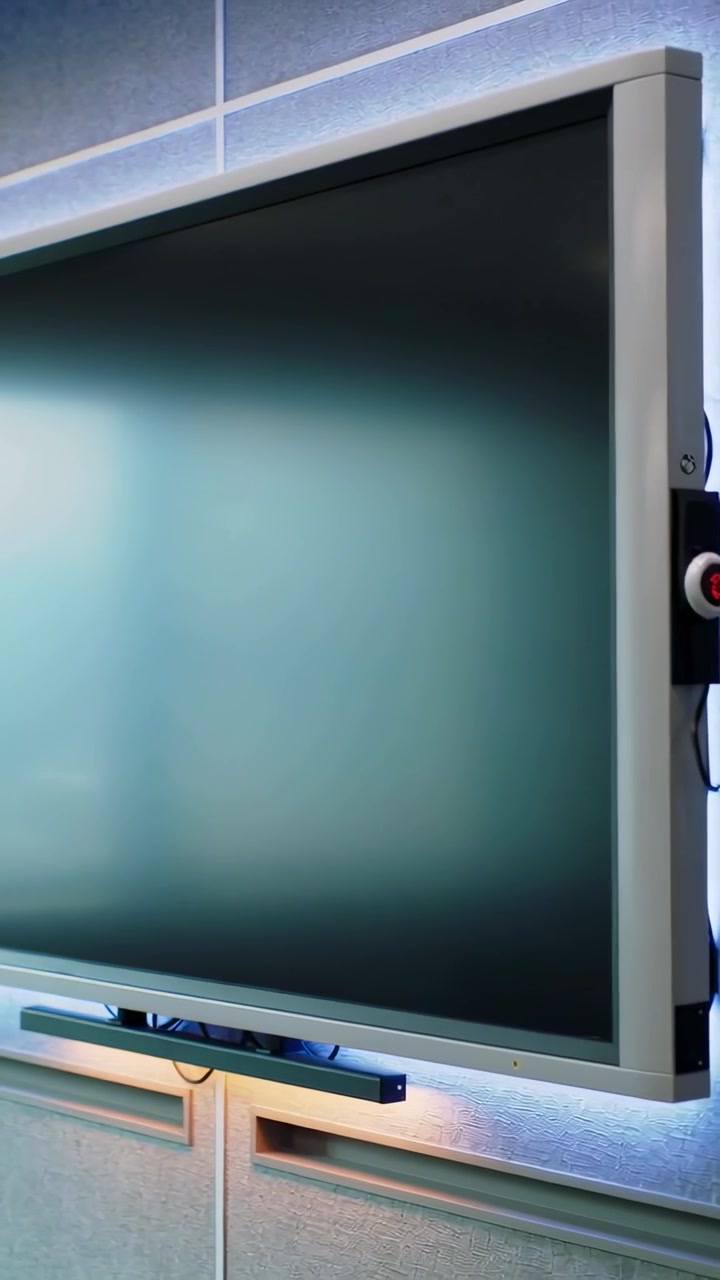 Vertical video: Showing office display fading after glow signal, panning to red-ring and soundbar