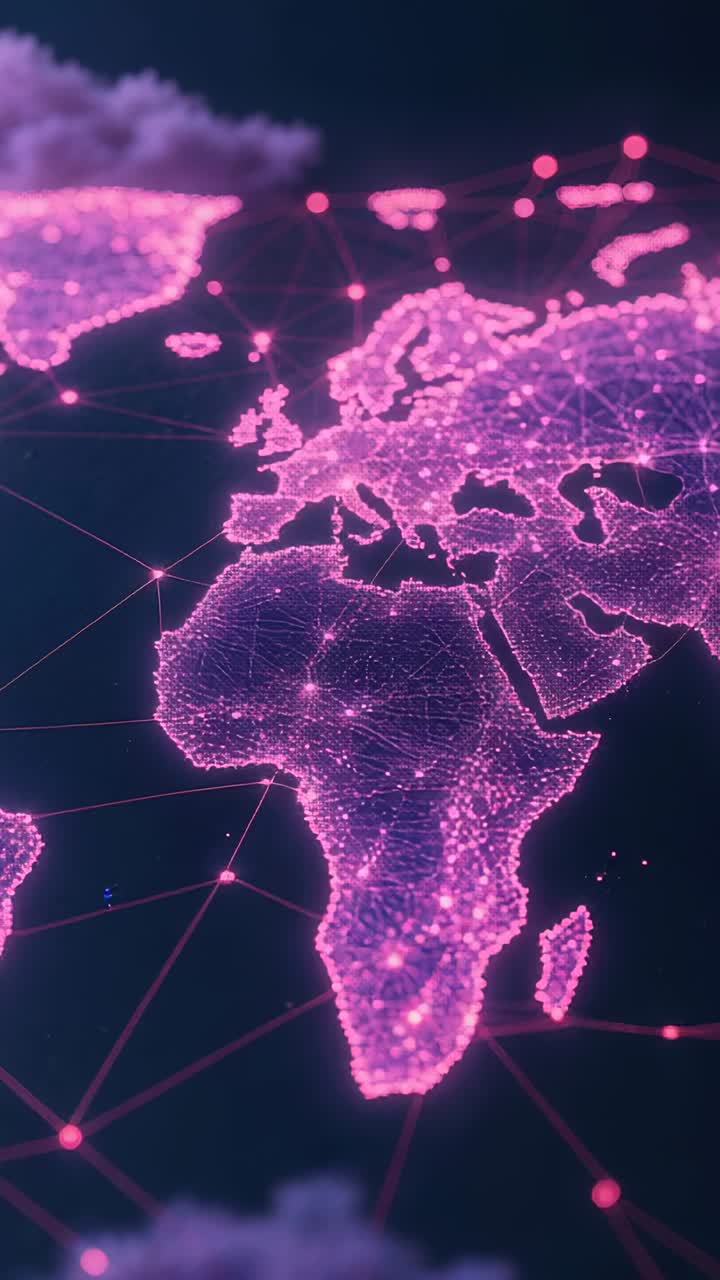 Vertical video: Initializing holographic map of Europe and Africa pulsing nodes revealing hubs