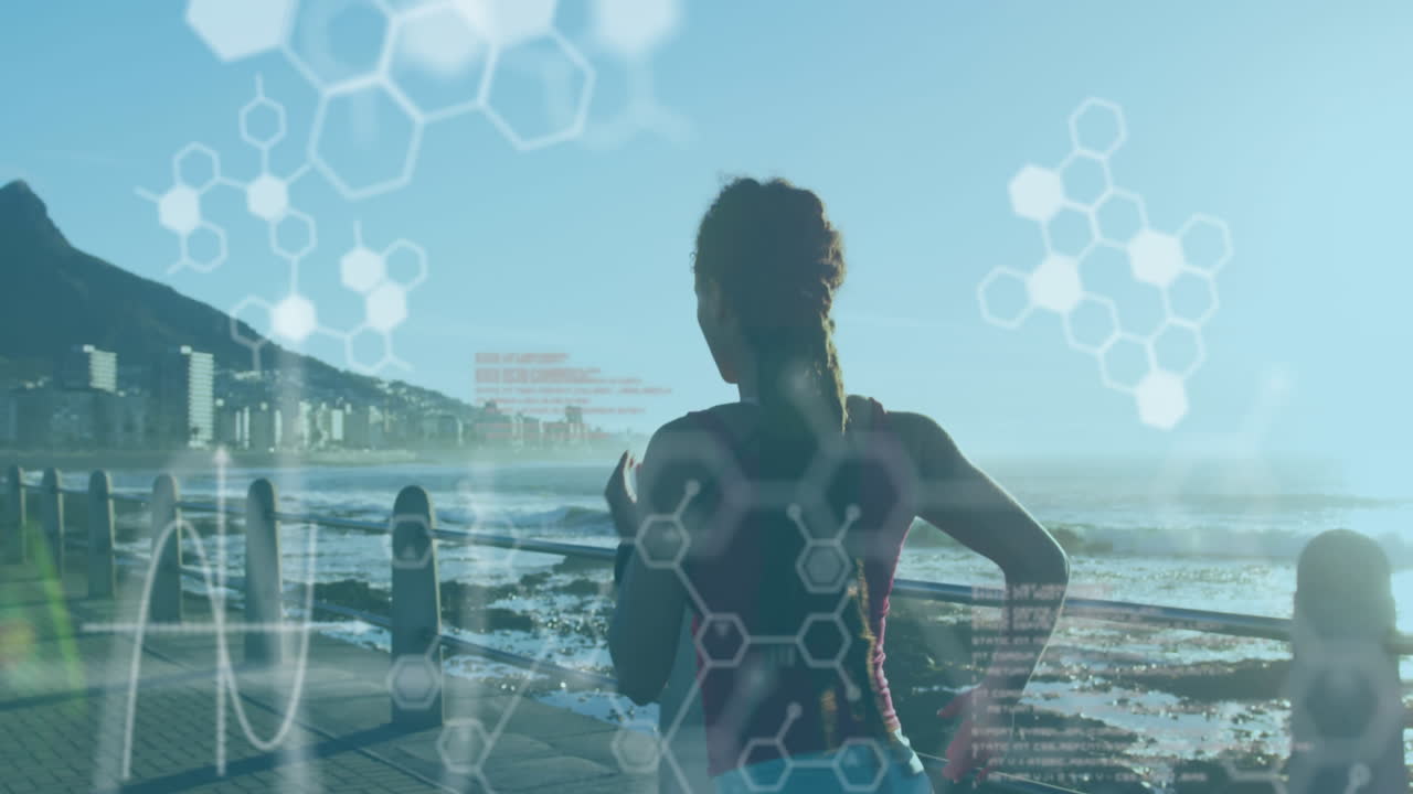 아프리카계 미국인 여성이 산책로에서 달리는 화학 구조물에 대해 떠다니고 있습니다.