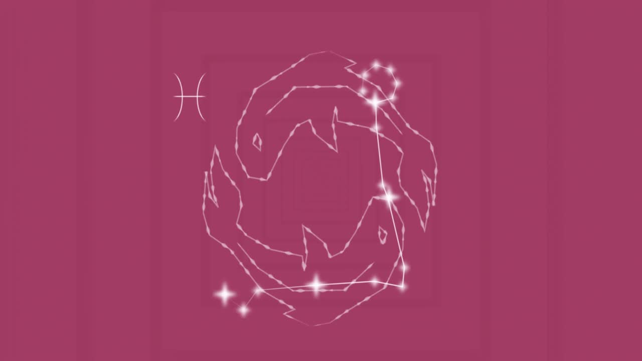 animación del signo estelar de piscis con estrellas brillantes en fondo rosa
