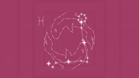 animation of pisces star sign with glowing stars on pink background