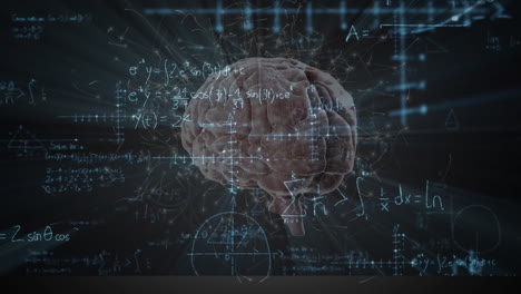 animación del cerebro humano girando sobre ecuaciones matemáticas en la pizarra negra