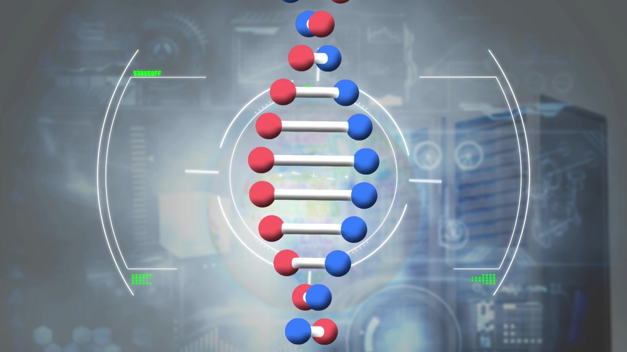 Animation of dna structure with hud processing on gray digital interface with glitch effect