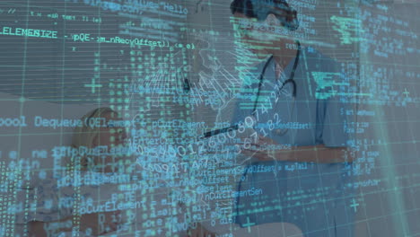 animación del procesamiento de datos digitales a través de una placa de circuitos informáticos y una rejilla