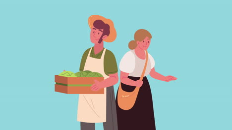 una pareja de agricultores con una canasta de verduras