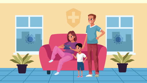 padres e hijos en la sala de estar personajes se quedan en casa campaña